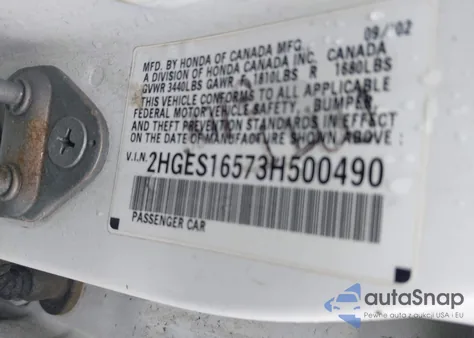 2003 Honda Civic Lx из США, поврежденный, VIN 2HGES16573H500490